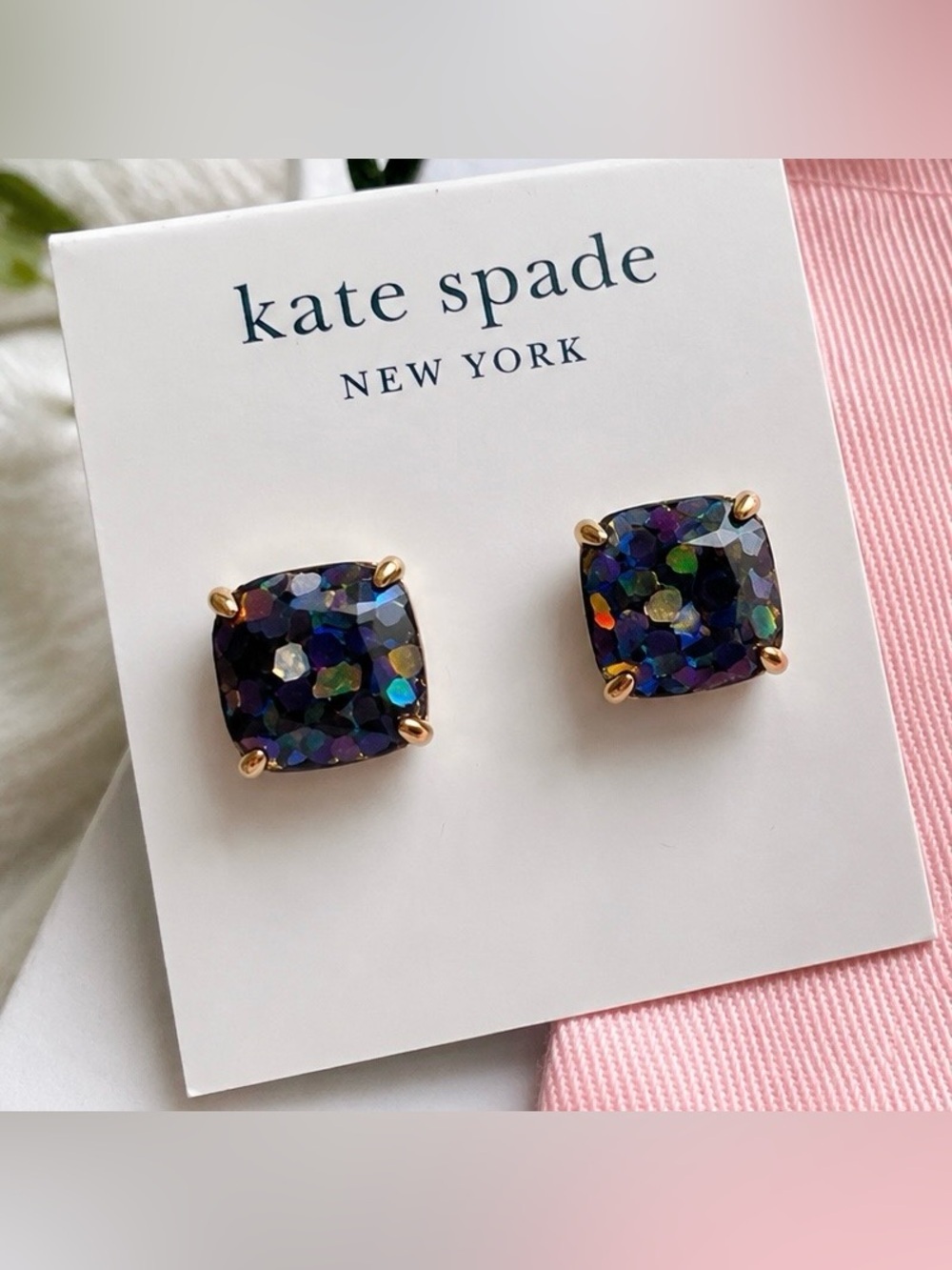 Kate spade New York Black Multicolor Iridescent Glitter Square Stud Earrings - Picture 2 of 3